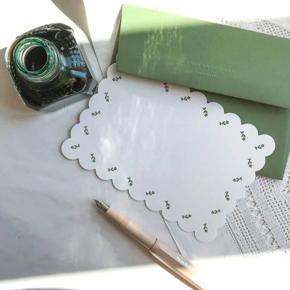 Letterpress Green Floral Motif Flat Note Card by Annie Broughman